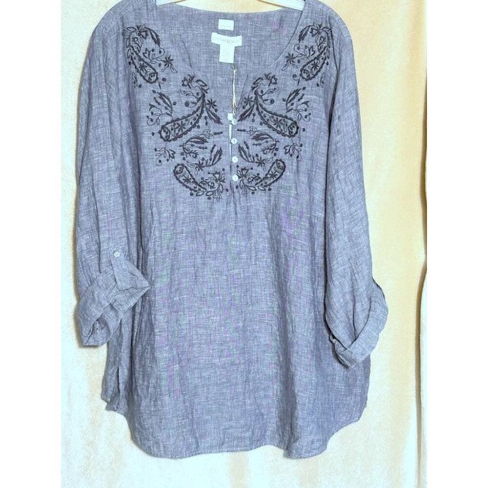 Cynthia Rowley NWT 100% Linen Womens Roll Tab Chambray Top 2X Embroidered